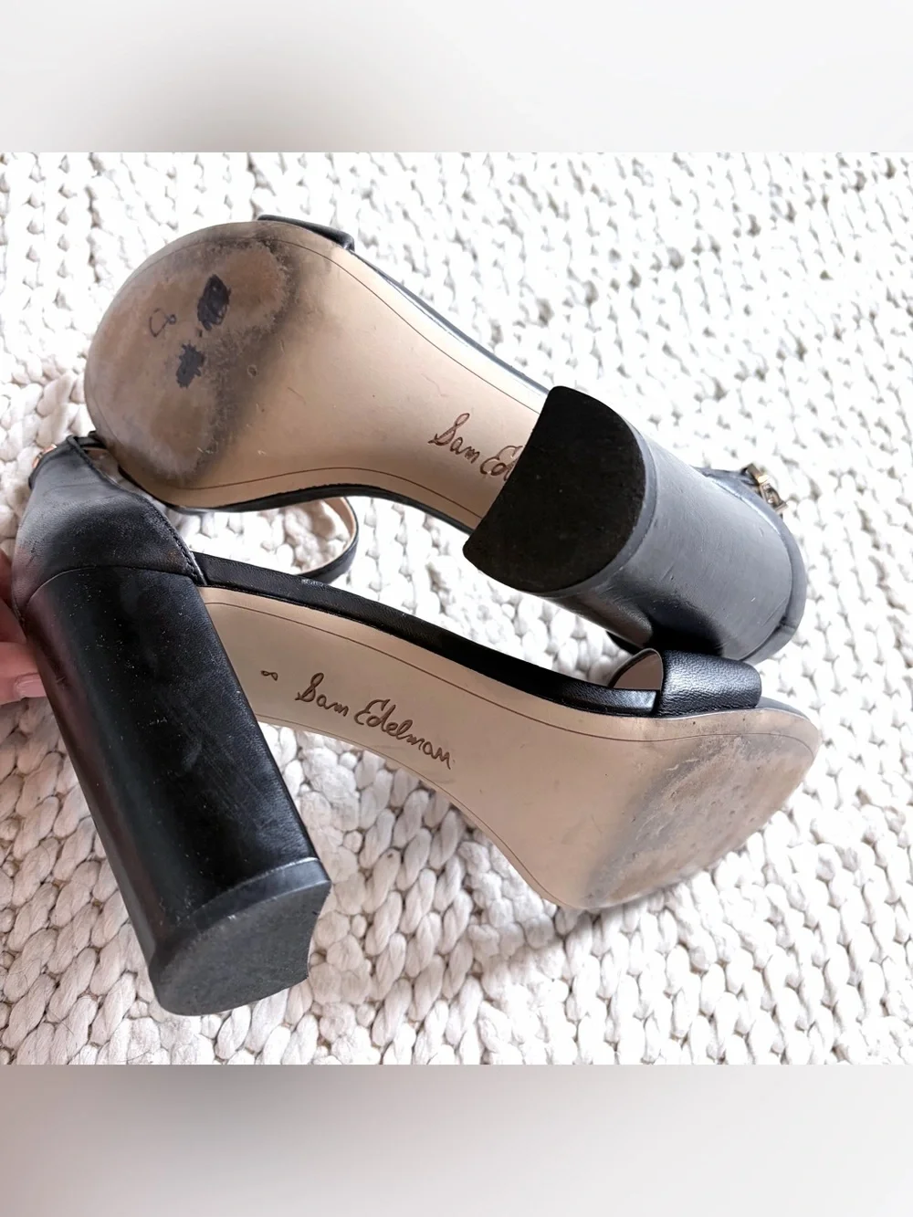 SAM EDELMAN Yaro Black Leather Block Heels Ankle Strap Sandals Womens 8 EUC